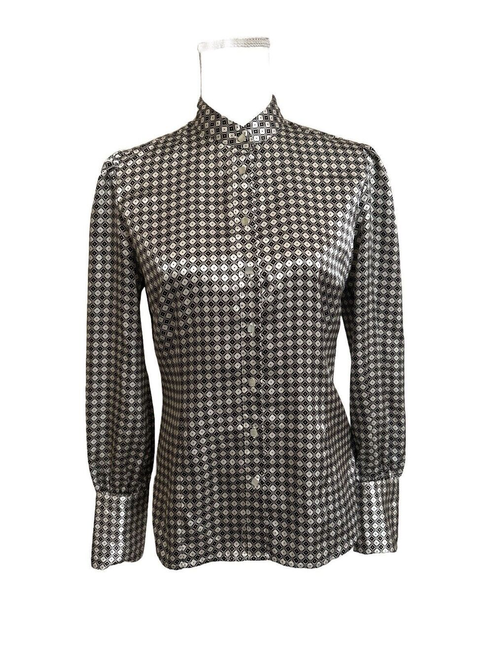 Y2K Mexx Women's 8 Medium Satin Geometrical Print Brown & Beige Long Sleeve Top